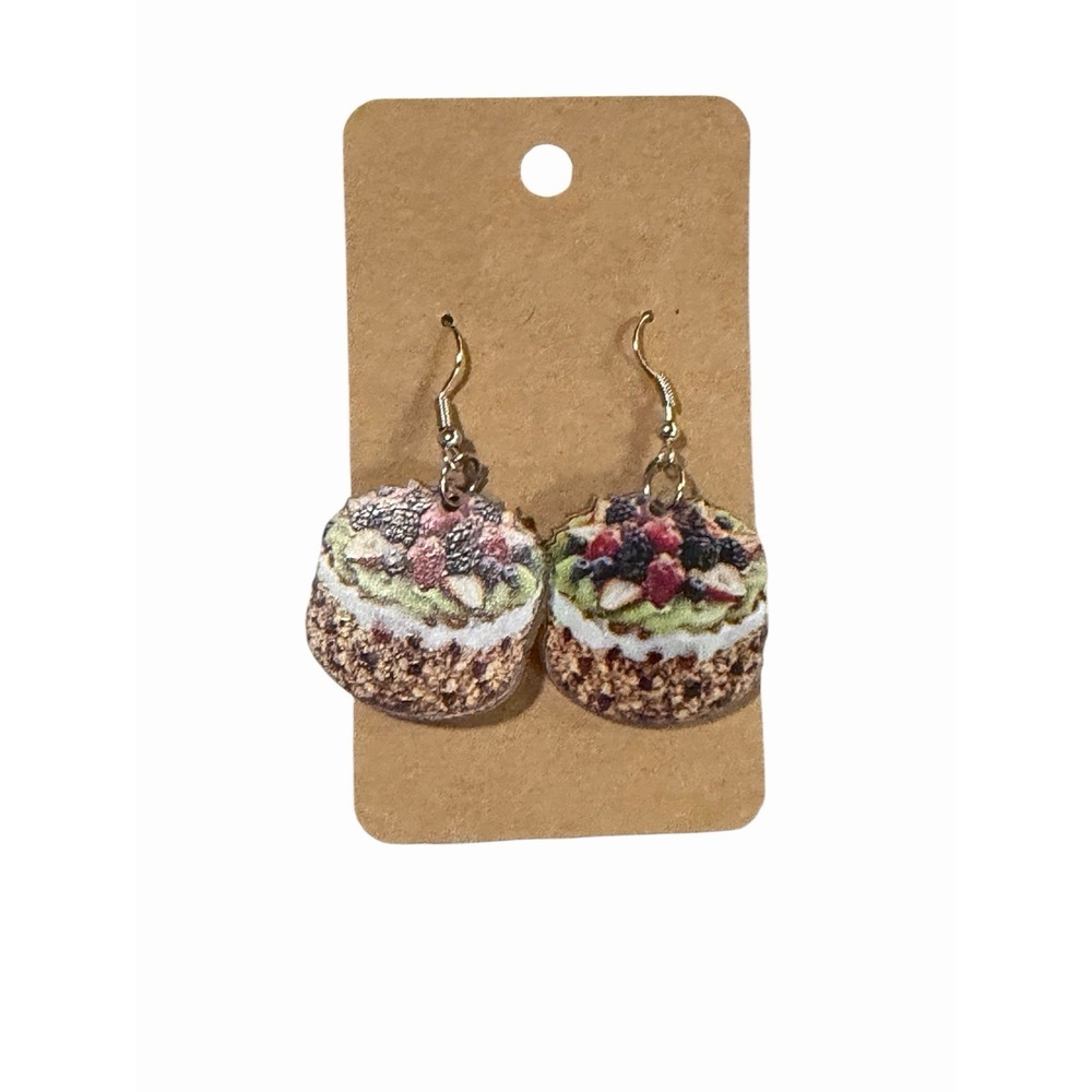Handmade Fruit Tart Cake Dangle Earrings Novelty Food Jewelry Gold Tone Hooks